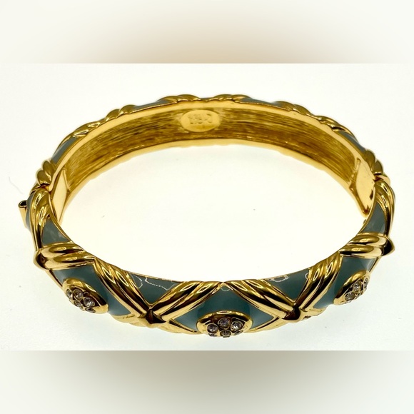 Joan Rivers Signed Gold Tone Light Blue Enamel Crystals Hinged Bangle Bracelet - Picture 11 of 11